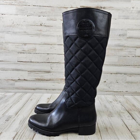 Tory Burch Rowan Solid Black Quilted Logo Tall Riding Boots Sz 5 - Picture 1 of 9